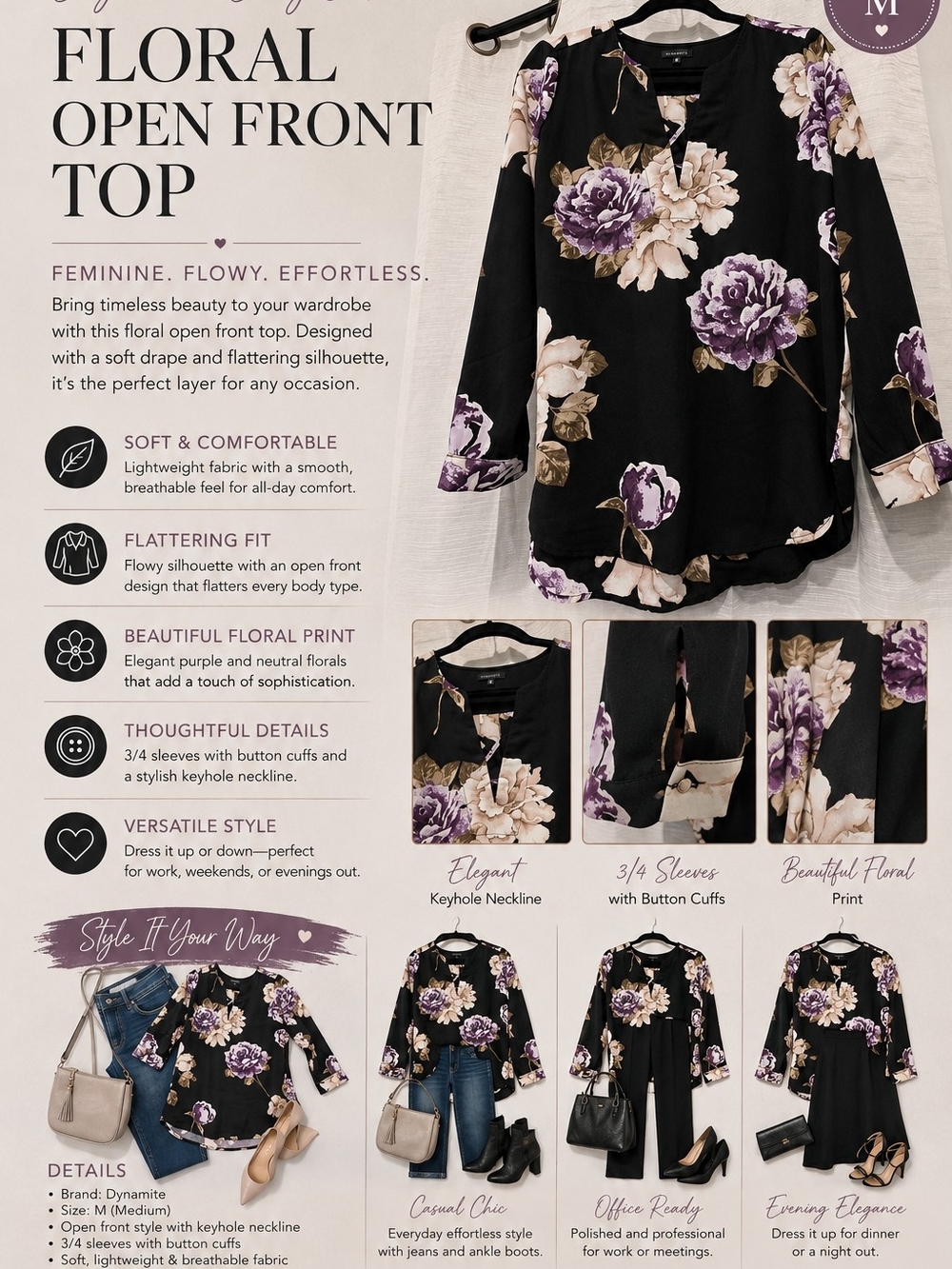 Dynamite Black Floral Open Front Top - Purple & Cream Print